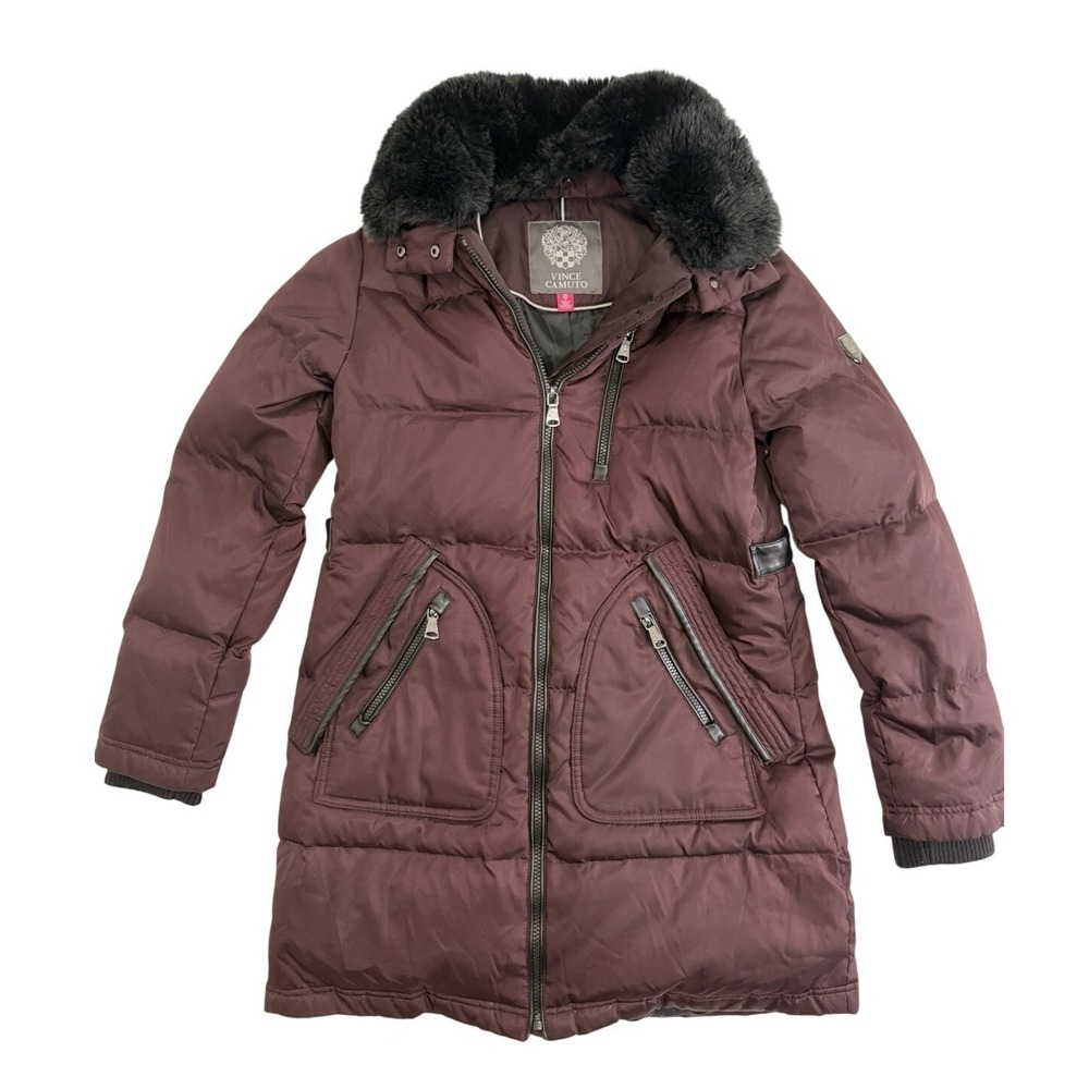 Vince Camuto Womens Burgundy Down Puffer Coat Faux Fur Hooded Jacket Size XS